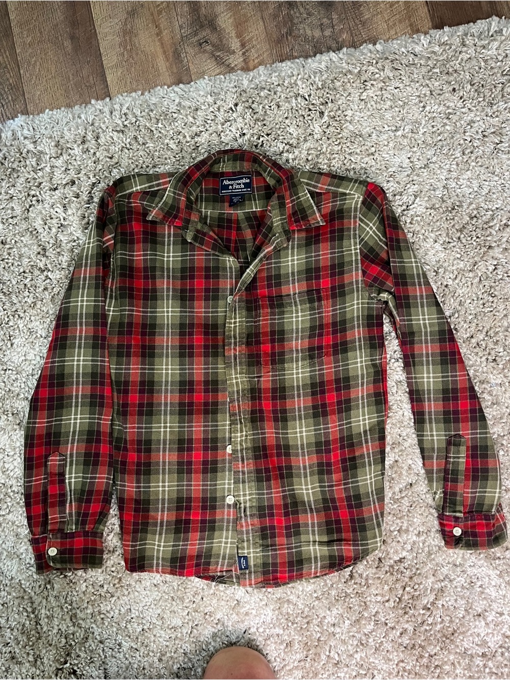 Abercrombie & Fitch Red and Olive Plaid Button-Down Shirt